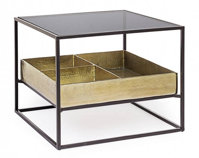 Masa de cafea din sticla si metal, Mavila Negru / Auriu, L62xl62xH50 cm