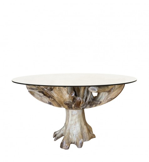 Masa rotunda din lemn si sticla, Teak Root Natural, Ø150xH78 cm