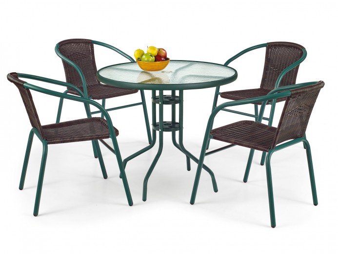 Set masa din sticla cu picioare metalice Graham Verde + 4 scaune din ratan sintetic Graham II Maro / Verde, Ø80xh72 cm