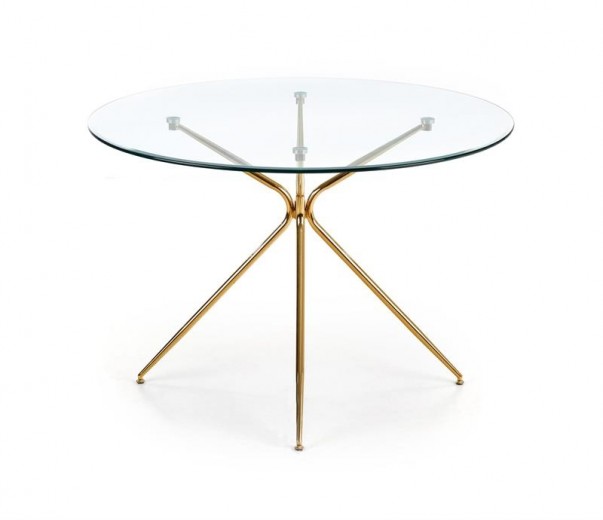 Masa rotunda din sticla si metal Rodney Transparent / Auriu, Ø110xH74 cm