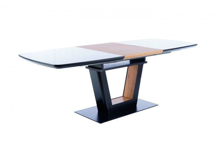 Masa extensibila din MDF, sticla si metal, Sygurd Stejar / Negru, L160-220xl90xH76 cm