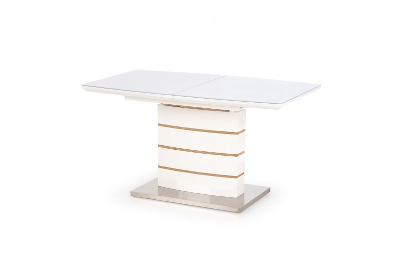 Masa extensibila din MDF, sticla si metal, Toroni Alb / Stejar Auriu, L140-180xl80xh76 cm