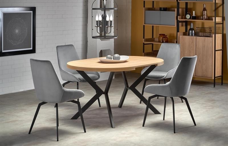 Set masa extensibila din pal si metal, Piers Stejar Auriu / Negru + 4 Scaune tapitate cu stofa si picioare metalice, Kai-479 Velvet Gri / Negru, L100-250xl100xH75 cm