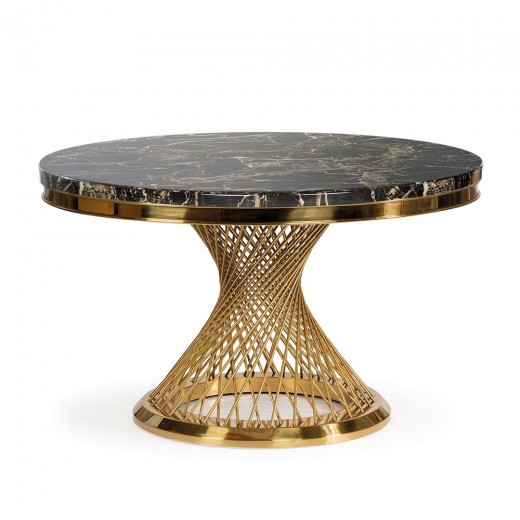 Masa rotunda din compozit si metal, Romance Marble Negru / Auriu, Ø130xH77 cm