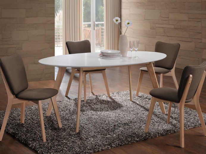 Set masa din MDF si lemn Monata White / Oak + 4 scaune Monata Khaki, L160xl90xH75 cm