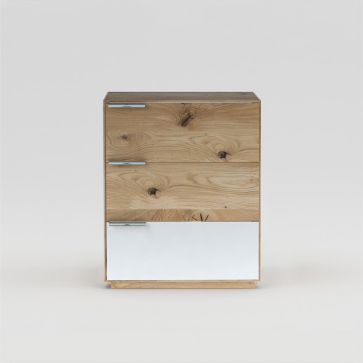 Noptiera din lemn de stejar, cu 3 sertare, Cerevis Natural / Alb, l50xA40xH60 cm