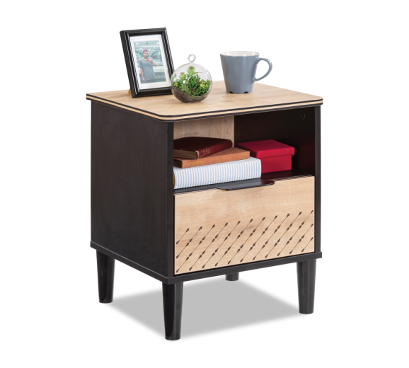 Noptiera din pal cu 1 sertar, pentru tineret Blacky Black / Nature, l44xA41xH54 cm