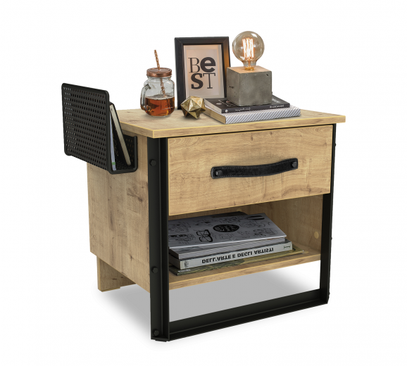 Noptiera din pal si metal cu 1 sertar, pentru tineret Wood Metal Natural / Negru, l54xA40xH52 cm