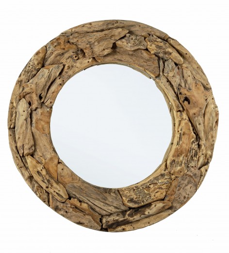 Oglinda decorativa cu rama din lemn de tec, Raven Round Natural, Ø100 cm