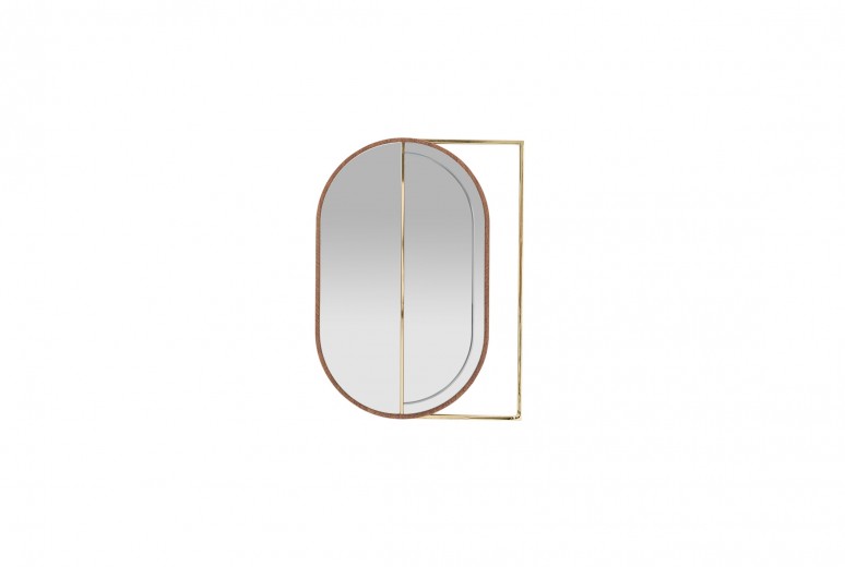 Oglinda decorativa cu rama din pal si metal, Lucia Small Nuc / Auriu, l44,1xH60 cm