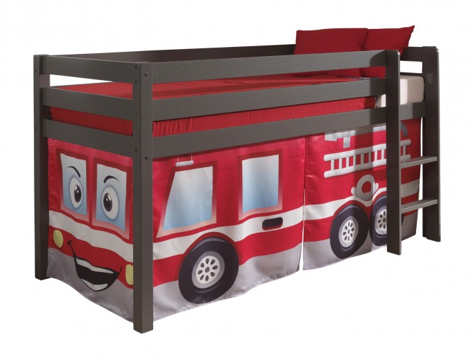 Pat etajat din lemn de pin, cu spatiu de joaca pentru copii Pino Fire Rescue Grej, 200 x 90 cm