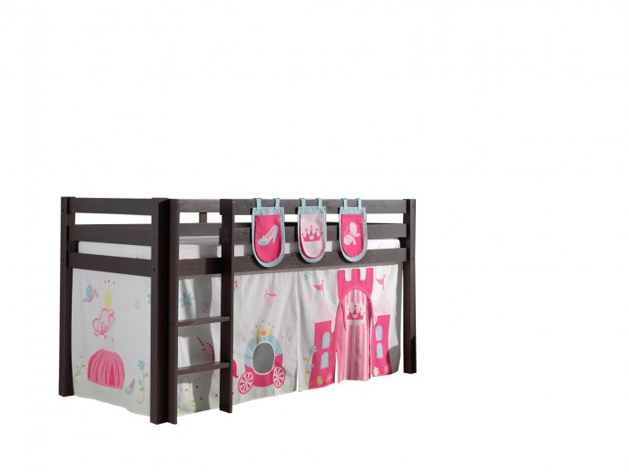 Pat etajat din lemn de pin, cu spatiu de joaca pentru copii Pino Plus Princess Grej, 200 x 90 cm