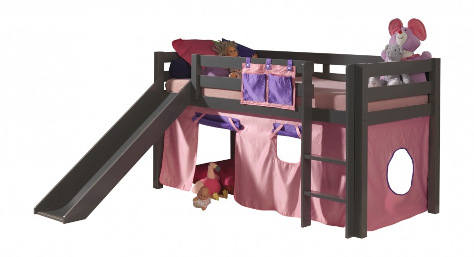 Pat etajat din lemn de pin, cu topogan pentru copii Pino Bella Pink Grej, 200 x 90 cm