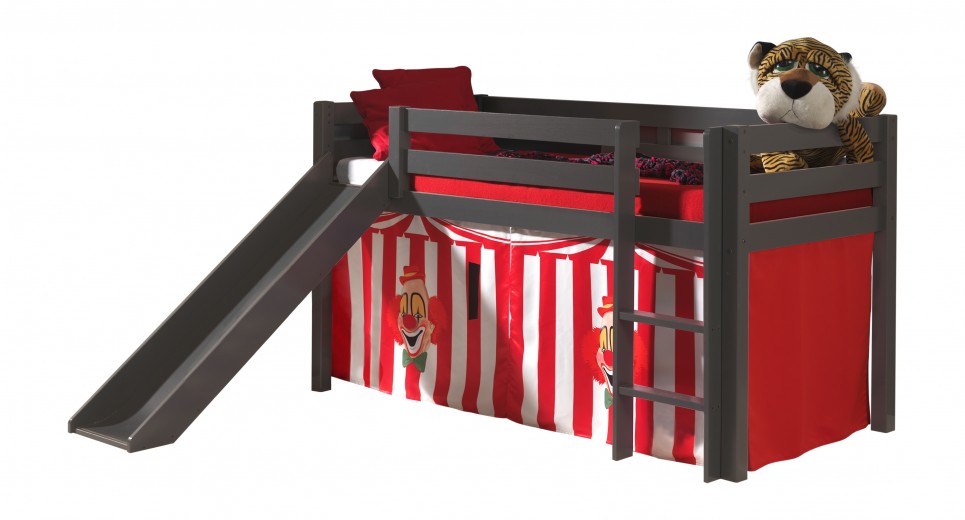 Pat etajat din lemn de pin, cu topogan pentru copii Pino Chucky Grej, 200 x 90 cm