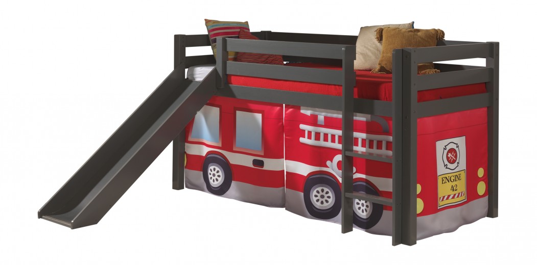 Pat etajat din lemn de pin, cu topogan pentru copii Pino Fire Rescue Grej, 200 x 90 cm