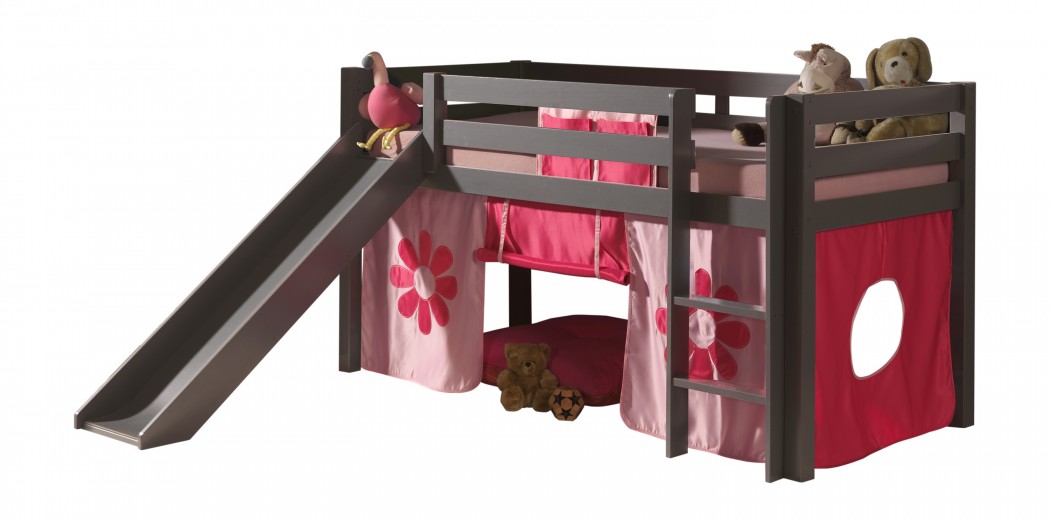 Pat etajat din lemn de pin, cu topogan pentru copii Pino Pink Flower Grej, 200 x 90 cm