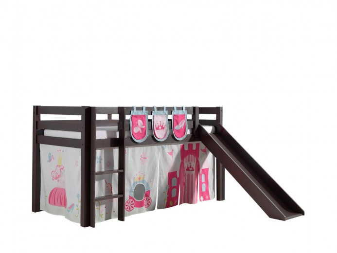 Pat etajat din lemn de pin, cu topogan pentru copii Pino Plus Princess Grej, 200 x 90 cm