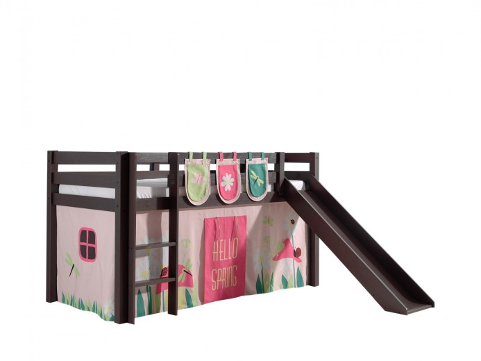 Pat etajat din lemn de pin, cu topogan pentru copii Pino Plus Spring Grej, 200 x 90 cm