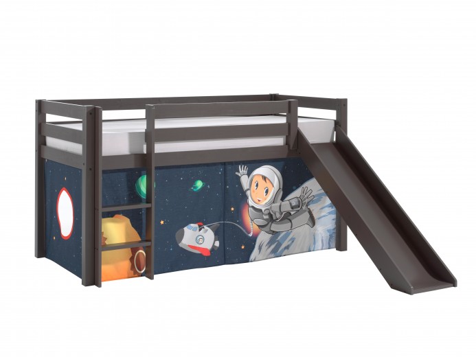 Pat etajat din lemn de pin, cu topogan pentru copii Pino Space Grej, 200 x 90 cm