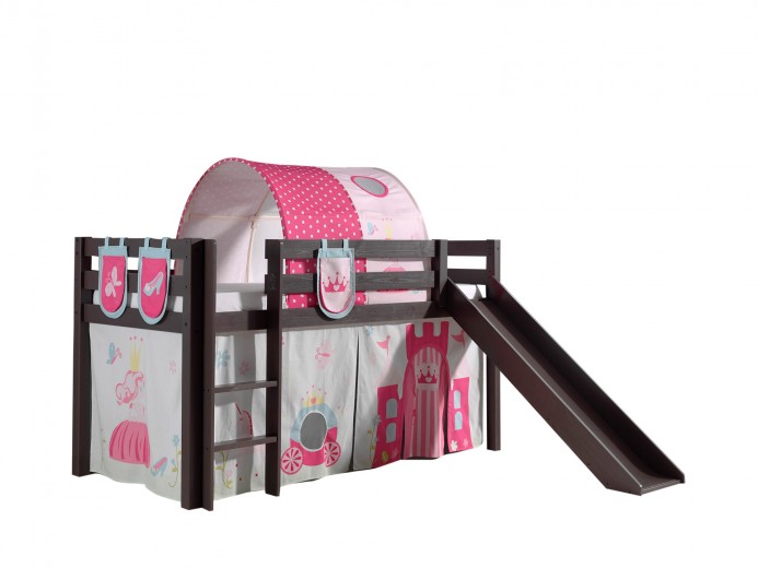 Pat etajat din lemn de pin, cu tunel si topogan pentru copii Pino Plus Princess Grej, 200 x 90 cm