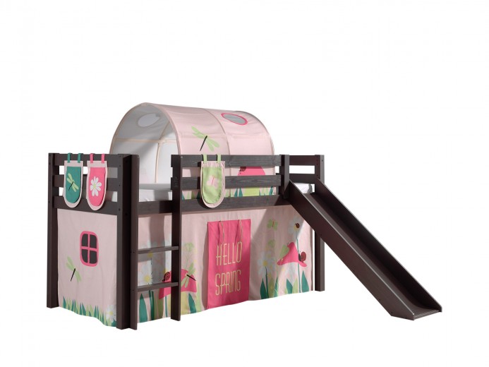 Pat etajat din lemn de pin, cu tunel si tobogan pentru copii Pino Plus Spring Grej, 200 x 90 cm
