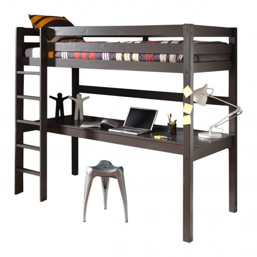 Pat etajat din lemn de pin si MDF cu birou incorporat, pentru copii Pino Desk Grej, 200 x 90 cm