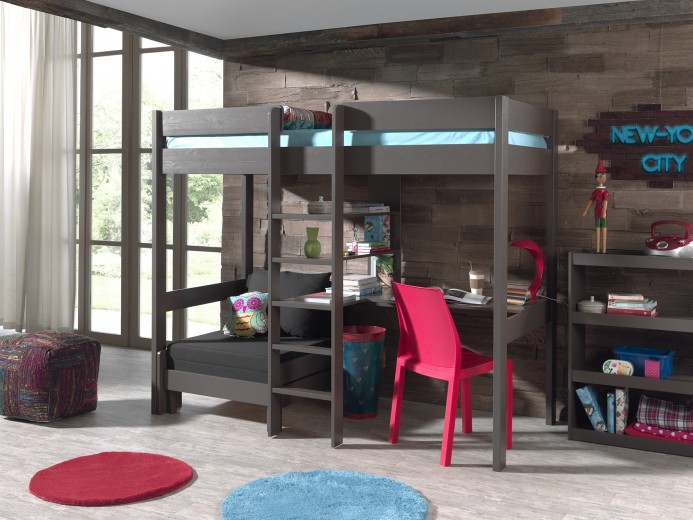 Pat etajat din lemn de pin si MDF cu birou si fotoliu extensibil, pentru copii Pino Mezzanine Grej, 200 x 90 cm