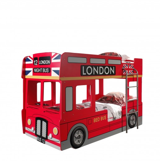 Pat etajat din MDF pentru copii London Bus Rosu, 200 x 90 cm