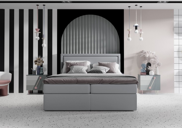 Pat rabatabil cu lada de depozitare, tapitat cu stofa Tribecca Boxspring Velvet Urban Grey, topper Visco inclus, 200 x 160 cm