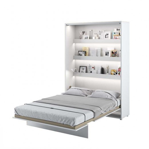 Pat rabatabil pe perete, cu mecanism pneumatic, sistem LED si somiera inclusa, Bed Concept Vertical Alb Mat, 200 x 140 cm