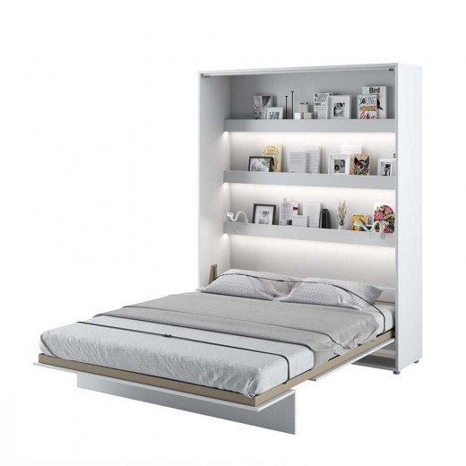 Pat rabatabil pe perete, cu mecanism pneumatic, sistem LED si somiera inclusa, Bed Concept Vertical Alb Mat, 200 x 160 cm