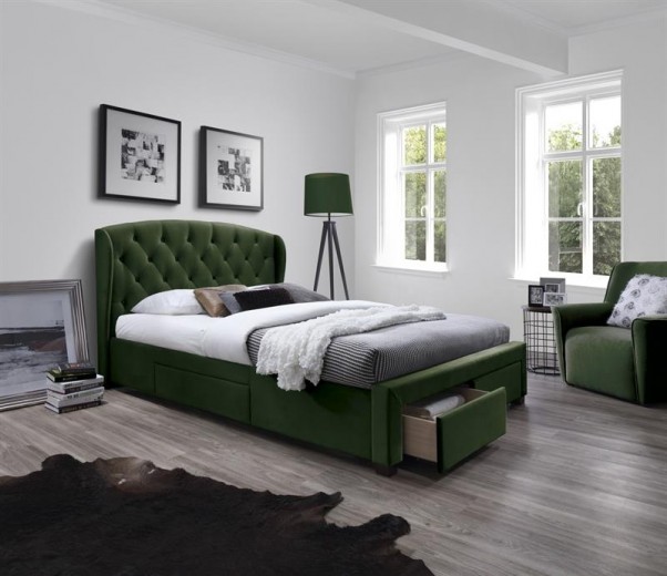 Pat tapitat cu stofa si 4 sertare, Sabrinis Velvet Verde Inchis, 200 x 160 cm