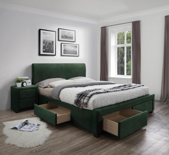 Pat tapitat cu stofa si 4 sertare, Modenaris III Velvet Verde inchis, 200 x 160 cm