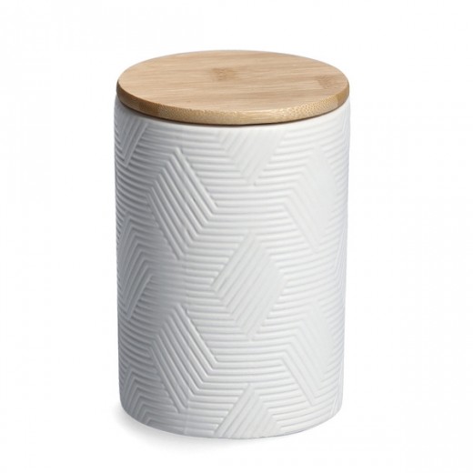 Recipient ceramic pentru depozitare, capac din bambus, Jar Alb, 720 ml, Ø 10xH15 cm