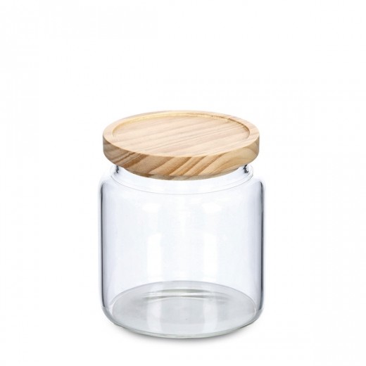 Recipient pentru depozitare cu capac etans, din sticla, Wood Round Small Natural, 830 ml, Ø11xH12,5 cm