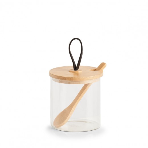 Recipient pentru depozitare din sticla, cu capac si lingura, Bamboo Natural, 320 ml, Ø8xH8,5 cm