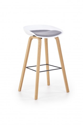 Scaun de bar cu sezut tapitat cu stofa si picioare din lemn, Hoku-86 Alb / Gri, l51xA43xH81 cm