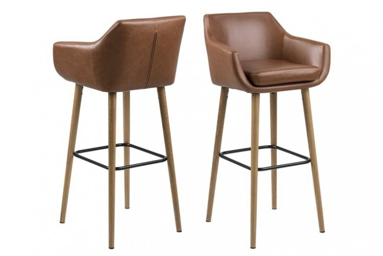 Set 2 scaune de bar tapitate cu piele ecologica si picioare din lemn Nora Maro / Stejar, l55xA54xH101 cm