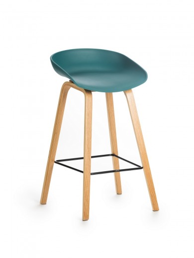 Scaun de bar din plastic, cu picioare de lemn Jolo Petrol, l52xA46xH65cm