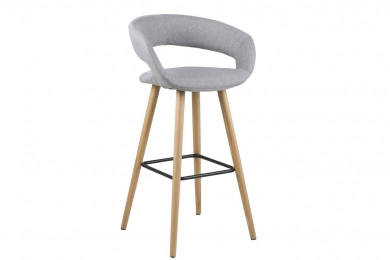 Scaun de bar tapitat cu stofa si picioare din lemn Grace Gri Deschis / Stejar, l55xA46,5xH98 cm