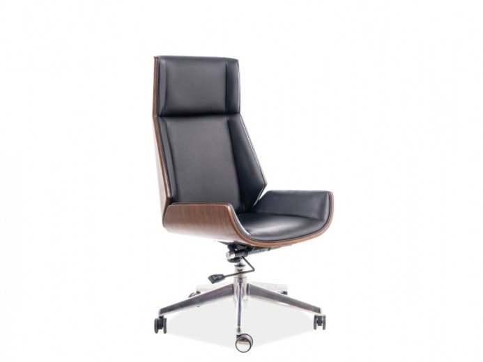 Scaun de birou directorial tapitat cu piele ecologica Miryam Negru / Nuc, l57xA49xH110-119 cm