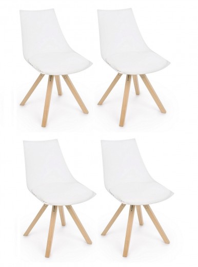 Set 4 scaune din plastic, sezut tapitat cu piele ecologica si picioare din lemn, Mayer Alb / Natural, l53xA47,5xH78,5 cm