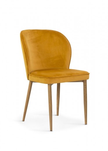 Scaun tapitat cu stofa si picioare metalice, Aine Velvet Mustariu / Stejar, l54xA60xH87 cm