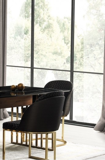 Scaun tapitat cu stofa si picioare metalice Monaco Negru / Auriu, l46xA48xH87 cm