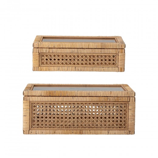 Set 2 cutii pentru depozitare cu capac din ratan, Lally Natur, l32xA17xH9 cm / l39xA24xH15,5 cm