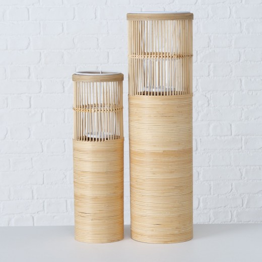 Set 2 felinare decorative din bambus, Shana Natural, Ø22xH77 cm / Ø18xH57 cm