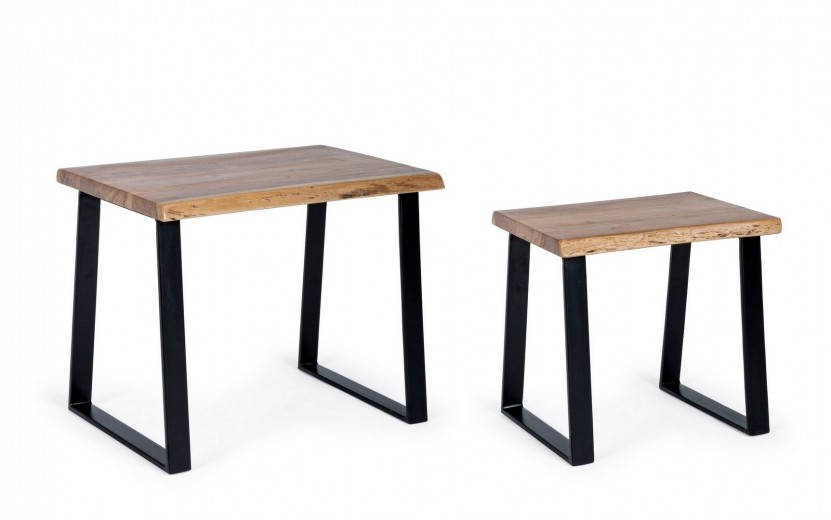 Set 2 mese de cafea din lemn de salcam si metal Artur Natural / Negru, L55xl40xH46 cm / L41xl35xH40 cm