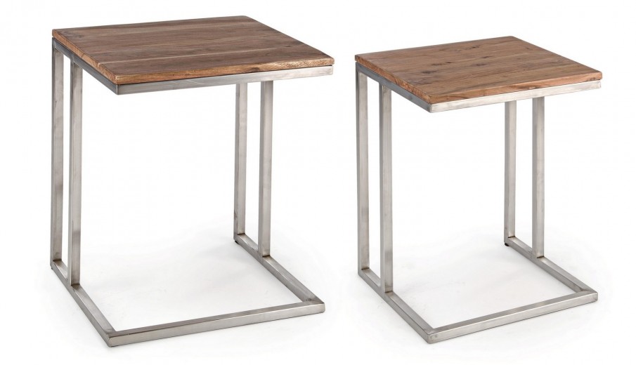Set 2 mese de cafea din lemn de salcam si metal Osbert Natural / Argintiu, L43xl38xH56 cm / L38xl33xH53 cm
