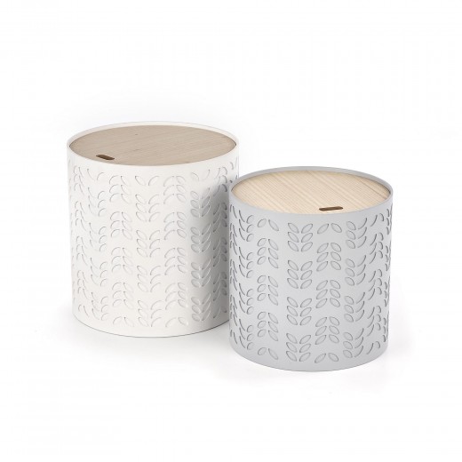 Set 2 mese de cafea din MDF si furnir, cu spatiu de depozitare, Albana Alb / Gri, Ø39xH40 / Ø35xH35 cm