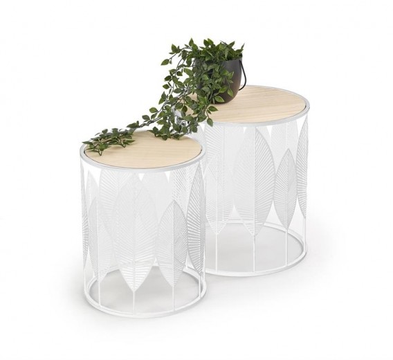 Set 2 mese de cafea din MDF si metal, Foley Natural / Alb, Ø40xH45 / Ø33xH40 cm